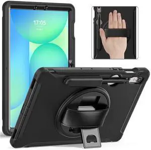 Junfire Protective Case for Galaxy Tab S10 FE 2025/S9 FE 5G with Stylus Holder, Samsung Tab S9/S8/S7 11-inch Shockproof Cover with 360degRotating Kickstand/Hand Strap-Black