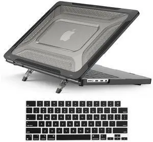 KEROM Heavy Duty Case for MacBook Pro 13 inch 2022-2016 Release M2 M1 A2338 A2289 A2251 A2159 A1989 A1706, Protective Rugged TPU Bumper Hard Shell Case with Foldable Kickstand & Keyboard Cover, Black