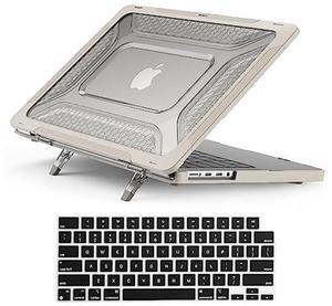 KEROM Heavy Duty Case for MacBook Pro 13 inch 2022-2016 Release M2 M1 A2338 A2289 A2251 A2159 A1989 A1706, Protective Rugged TPU Bumper Hard Shell Case with Foldable Kickstand & Keyboard Cover, Beige