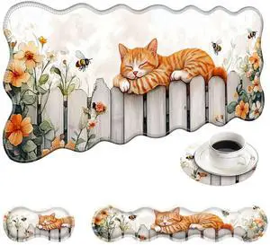 KJFHDJFDH Large Mouse Pad and Keyboard Wrist Rest, Desk Pad for Keyboard and Mouse, 4-in-1 Large Gaming Mouse Pad with Wrist Support, Desk Mat for Home Office Study Game-Sleeping Cat on Fence