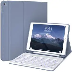 KVTVOU for iPad 9th/8th/7th Generation Case with Keyboard (2021/2020/2019) - 7 Colors Backlit Wireless Detachable Folio Keyboard Cover with Pencil Holder for iPad 10.2 Inch, Purple
