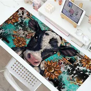 LuGeKe Cow Sunflowers Large Mouse Pad, PU Leather Desk Pad Protector, Non-Slip Computer Desk Writing Mat, Gaming Keyboard Mouse Pad, Office Desk Accessories