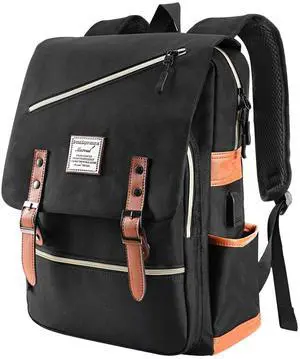 Mecrowd Vintage Laptop Backpack with USB Charging Port, Backpack for College Fits up to 15.6 Inch Laptop Computer Backpack Casual Rucksack for Men Women (Black)
