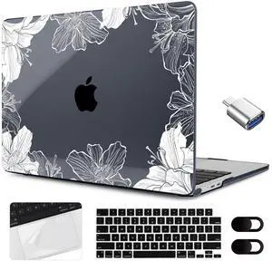 MEEgoodo Case for MacBook Air 15 inch M4/M3/M2 2025 2024 2023, Case Fit Model (A3241/A3114/A2941) for MacBook Air 15-inch, Laptop with Keyboard & Camera Cover & OTG Adapter, Lily Floral