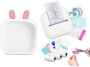 Memoking T02 Sticker Printer and White Bunny Case - Print Pods Mini Printer Portable Thermal Printer Inkless Printer Sticker Maker Machine Pocket Printer Phone Printer