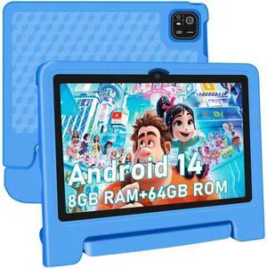 NRKDUBQ Tablet for Kids, 10.1 inch IPS HD Touchscreen Android 14 64 GB Storage, 8GB RAM, Octa Core Kids Tablet, Parental Controls, 12-hr Battery, WiFi, GPS - Blue