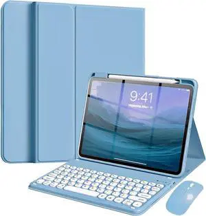 NUWONAYA Keyboard Case with Mouse for iPad 9th/8th/7th Gen 10.2 inch, iPad Air 3, iPad Pro 10.5" 2017, Candy Round Key Magnetic Detachable Keyboard, Built-in Pen HolderMisty Blue