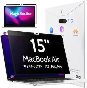 Peslv Privacy Screen for MacBook Air 15 Inch (2023-2025, M2, M3, M4)- A2941 A3114 A3241, MagicSuction Removable Anti Spy Black Protector, Glare Blue Light Filter for Mac Laptop Computer