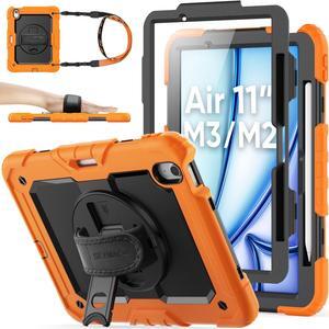 SEYMAC stock Case for iPad Air 11 inch Case M3/ M2 (2025/2024), for iPad Air 6th Generation, Heavy Duty Protective with Pencil Holder, Screen Protector, Stand, Hand Strap, Shoulder Strap, Orange