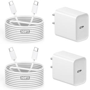 10Foot USB C Charger for iPhone 16 Charger, 2Pack 20W Type C Charging Block Long 10FT USB C Cord Cable Fast Charging for Apple iPhone 16/16e/16 Pro/16 Plus/16 Pro Max/15/15 Plus, iPad mini/iPad Air