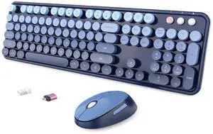 Wireless Keyboard and Mouse Combo, Ergonomic Full Size Typewriter Retro Round Keycaps Keyboard, Compatible with Windows, PC, Perfer for Home and Office Keyboards (Twilight Blue