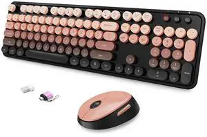 SkyGive Wireless Keyboard and Mouse Combo, Ergonomic Full Size Typewriter Retro Round Keycaps Keyboard, Compatible with Windows, PC, Perfer for Home and Office Keyboards (Aurora Red)