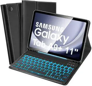 SOPPY Backlit Keyboard Case for Samsung Galaxy Tab A9+ / A9 Plus 11 Inch 2023 (SM-X210/X215/X216/X218), 7-Color Backlight, Slim Cover with Detachable Wireless Keyboard for Galaxy Tab A9 Plus, Black