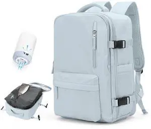 Vacuum Travel Backpack with Pump for Women, Personal Item Carry on Backpacks Flight Approved 18x14x8 inches for Men,Laptop Waterproof Work Compression bags Casual Daypack,Blue