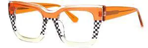 VOOGLAM Square Blue Light & UV400 Blocking Eyestrain Eyewear for Women Orange & Black-White Checkered Acetate