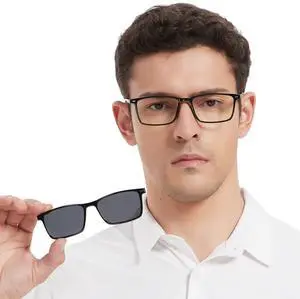 WEMOOTANTS Blue Light Glasses for Men, Black Fake Eyeglasses with Polarized Clip-on, UV Protection Driving Glasses, Computer Gaming Glasses