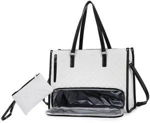 3-in-1 Laptop Bag with Lunch Compartment, 15.6 Inch, Quilted Computer Handbag for Business, Work (White)