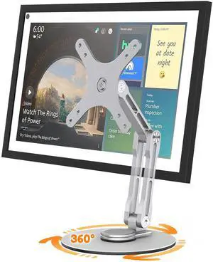 YCNEW Swivel and Tilt Stand for Echo Show 15 (Gen 1, Gen 2), Portable Monitor Stand, Adjustable Angle and Height with 360deg Rotation Bases, Switching Between Landscape and Portrait Screens (Silver)