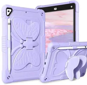 YINLAI Case for iPad 6th/5th Generation 9.7-Inch 2018/2017/ iPad Pro 9.7 Case Kids Women Girls Silicone Shockproof Protective Tablet Cover with Pencil Holder Butterfly Kickstand,Lavender Purple