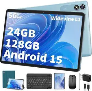 Android Tablet with Keyboard,10 inch Android 15 tablet, 24GB RAM 128GB ROM, 1TB Expand, Octa-Core, Widevine L1, 2.4G/5G WiFi, 8000mAh, Bluetooth, GMS, 2 in 1 Tablet with Case, Mouse, StylusGreen