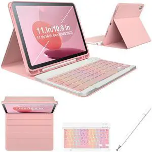 iPad 11th 10th Generation Case with Keyboard 10.9 Inch 2022 Detachable Wireless 7Colors Backlight Keyboard Case with Pencil Holder for and Magnetic Disc Universal Stylus Pen New iPad 10th Gen Pink