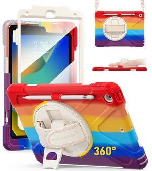 BRAECN Case for ipad 9th/8th/7th Generation 10.2'' Heavy Duty Screen Protector 360° Rotating Stand Handle Pencil Holder Shockproof Drop Protection Shoulder/Hand Strap Durable Kids-Friendly