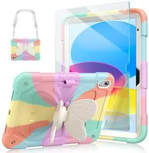 Ambison Case for iPad (A16) 11th/10th Generation (2025/2022) 11''/10.9'' for Kids Girls with 9H Tempered Glass Screen Protector, Heavy Duty Protective with Butterfly Stand, Carrying Strap-Multicolor