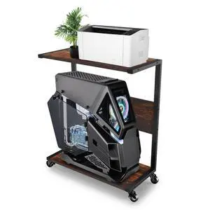 360Tronics Computer Tower Stand, 2-Tier Large ATX-Case Sotrage CPU Holder Cart Under Desk, C-Shape Tall Trolley for PC Tower, Wooden Mobile PC Standing Table with Wheels for Home/Office, Walnut