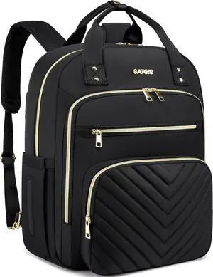CAFELE Convertible 17.3 Inch Laptop Backpack for Women, Water Resistant Travel Work Black Backpacks Purse Business Teacher Nurse Computer Bag with USB Port,Quilted Black(2325H-01)