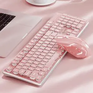SEUNKWANG EWEADN V3 Wireless Keyboard and Mouse with Single Backlit, Metal Panel, Bluetooth/2.4G Rechargeable Computer Keyboard and Mouse Combo Silent Lighted Full Size Cute Keyboards-Pink