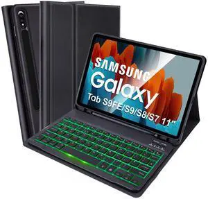 SOPPY Backlit Keyboard Case for Samsung Galaxy Tab S7/S8/S9/S9FE/S10FE 11 inch, 7-Color Backlight, Rechargeable Detachable Wireless Slim Keyboard Case with S Pen Holder, Black