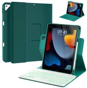 Keyboard Case for iPad 9th/8th/7th Generation 10.2 inch 2021/2020/2019 & ipad Pro 10.5-inch & ipad Air 3 2019-Backlit Detachable keyboard 360° Rotatable Folio Cover with upper pencil holder-(Teal)