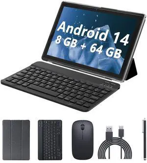Android 14 10 Inch 2 in 1 Tablet with Keyboard, Mouse, Case, Stylus, 8GB RAM+64GB ROM/1TB Expand, 1.8Ghz Quad-core Processor, 1280*800 HD Touch Screen, 8MP Camera, 5G WIFI 6