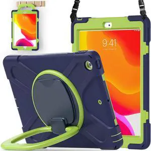 BATYUE for iPad 9th/ 8th/ 7th Generation Case (iPad 10.2 inch Rugged Case 2021/2020/2019) with Screen Protector, Rotating Stand/Pencil Holder/Carrying Shoulder Strap (Navy Blue+Lime)