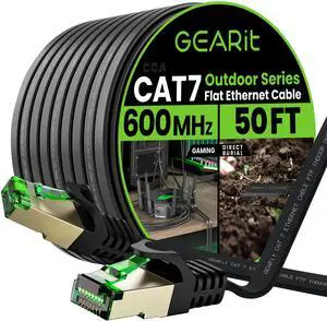 GEARit Cat 7 Outdoor Flat Ethernet Cable (50ft, Black) Direct Burial Rated LLDPE Jacket - Indoor Cat7 Shielded FTP 600MHz 10Gbps High Speed Gaming Computer Network RJ45 Snagless Patch Cord Internet