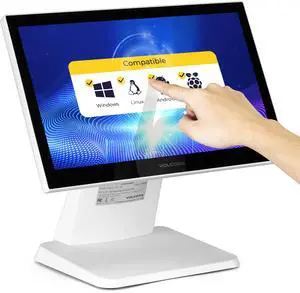 Volcora 15.6" White LED Touch Screen Monitor with Metal Stand - Backlit 1366 * 768 with VGA HDMI Connection for Small Business, Restaurant, Office - No Driver Required (Not Compatible with macOS/iOS)