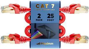 Cat 7 Ethernet Cable 25 ft - (2 Pack) High-Speed Cat7 Internet & Network LAN Patch Cables, RJ45 Connectors - Perfect for Gaming, Streaming, and More (Red)