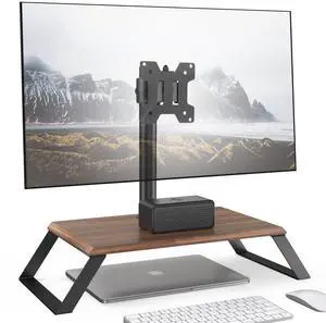 AOKCOS Monitor Riser for 12-27 Inch LED/OLED Screen, Landscape to Portrait Rotation and Height-Adjustable VESA Monitor Stand up Load 22lbs, Desktop Stand with Wooden Base, Walnut