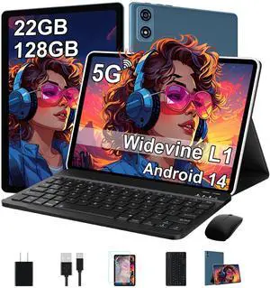 2025 Tablet 10 Inch Android 14 Tablets with Keyboard, 22GB RAM 128GB ROM, Widevine L1, Octa-Core, 8000mAh Battery, 5G Wifi, HD IPS Display, TF 1TB, GPS, Mouse, Case, Split Screen, Metal Body -Blue