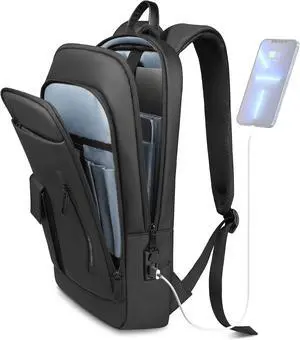 Mens Backpack Slim Business Backpack with USB Charging Port Lightweight Computer Backpacks for 16 Inch Laptop Bag Water-Resistant Anti-Theft Daypack for Daily Office Work College Travel-Black