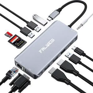 Laptop Docking Station Daul Monitor, 12 in 1 USB C Hub Multiport Adapter Dongle with 2 HDMI, VGA, PD, Ethernet, SD/TF, A Ports, Mic/Audio, Compatible for MacBook/Dell/HP/Lenovo