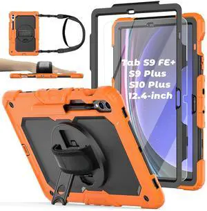 BASE MALL Case for Samsung Galaxy Tab S10 Plus/ S9 FE Plus/ S9 Plus 5G Tablet 12.4'', Shockproof Protective Cover with [Tempered Glass Screen Protector], Stand, Shoulder Strap & S Pen Holder (Orange)