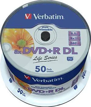 Verbatim Inkjet Hub Printable DVD+R DL Spindle, White, Pack of 50