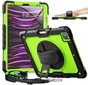 Timecity iPad Pro 12.9 Case 6th/5th/4th/3rd Gen, 360° Rotating Stand, Pencil Holder & Wireless Charging, Shockproof with Screen Protector & Shoulder Strap - for Designers & Professionals - Green