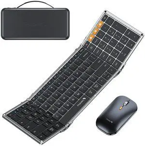 ProtoArc Foldable Keyboard and Mouse, XKM01 True Full-Size Folding Keyboard Mouse Combo for Business and Travel, 2.4G+Dual Bluetooth Portable Mouse Keyboard for Laptop iPads Tablets - Black Gray