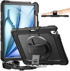 timecity for iPad Air 13 Inch Case M3 2025/ M2 2024, 360° Rotating Stand, Pencil Holder & Wireless Charging, Shockproof with Screen Protector & Shoulder Strap - for Designers & Professionals, Black