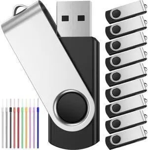 FEBNISCTE Flash Drive 8GB 10 Pack USB 2.0 Thumb Drives Bulk Portable Swivel Memory Stick, Black Pendrive Zip Drive Jump Drives for Data Storage
