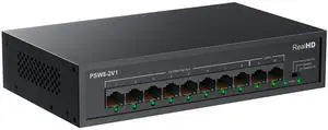 Real HD 10 Port PoE Switch, 8 Ports PoE+ 2 Uplink Unmanaged 100Mbps Switch, High Total Power Budget 120W, 802.3af/at Compliant, Work with IP Cameras VOIP Phones