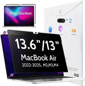 Peslv Privacy Screen for MacBook Air 13.6/13 Inch (2022-2025, M2, M3, M4) - A2681, A3113, A3240 MagicSuction Removable Anti Spy Black Protector, Glare Blue Light Filter for Mac Laptop Computer