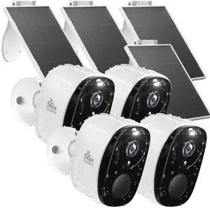 Rraycom 4pc Solar Security Cameras Wireless Outdoor, 2K Battery Powered Cameras for Home Security, 2.4/5G WiFi Camera with Solar Panel, Color Night Vision, AI Detection, 2 Way Talk, IP65, SD/Cloud